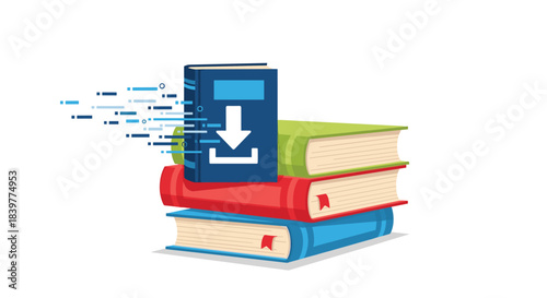 Concept of downloading e-books, with a digital book and download icon emerging from a stack of physical, colorful hardcover books.
