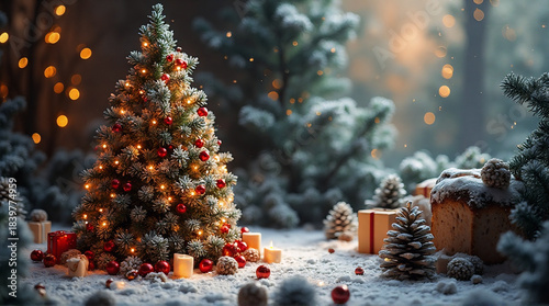 house front Christmas tree decoration and gold glowing lights with snow background