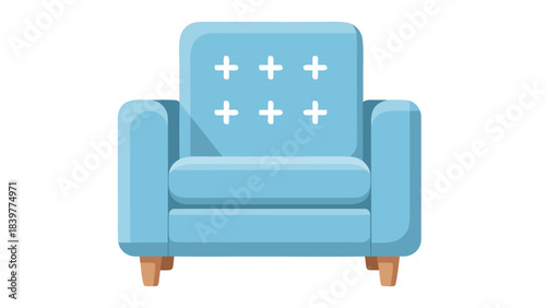 Light Blue Armchair with White Cross Pattern on Backrest and Wooden Legs Against Black Background Clean Simple Design