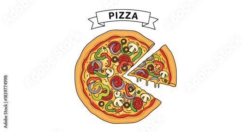 Hand-drawn illustration of a whole supreme pizza with one slice being taken out, featuring various colorful vegetable toppings.