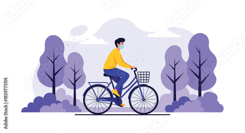 Young man wearing a protective face mask while riding a bicycle through a park, promoting a healthy and safe outdoor lifestyle.