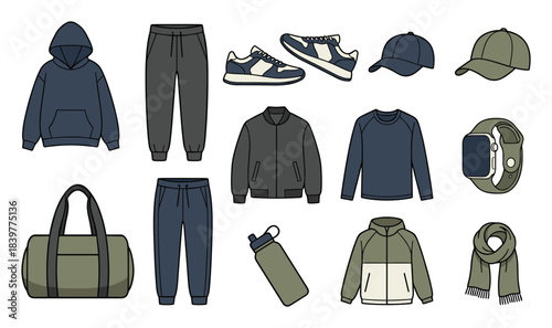 Stylish Athletic Apparel Collection: Essential Sportswear Flat Vector Set