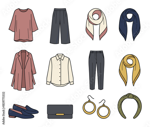 An organized flat lay of assorted women's apparel and accessories set