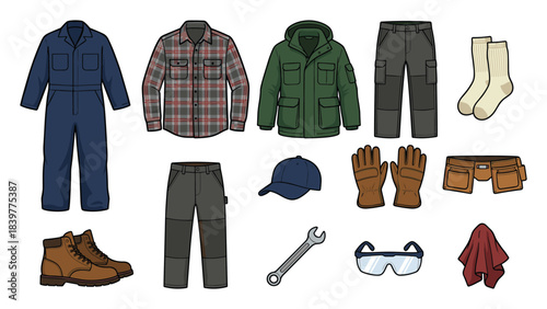 Collection of work clothes and accessories in flat vector illustration