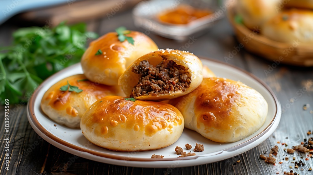 Fototapeta premium A plate of golden brown baked buns filled with meat with a parsley garnish on a wooden background