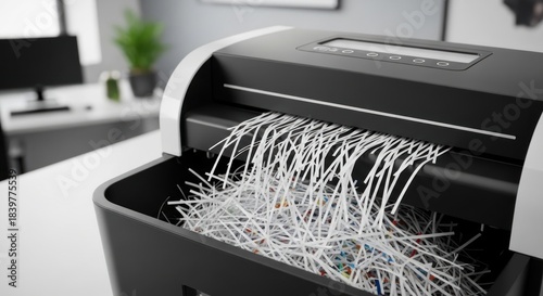 A black and white shredder machine with shredded paper coming out.