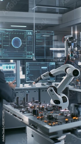 A human engineer and a sleek AI robot perform final tests on a newly built device, a holographic diagnostic screen pulsing with data.