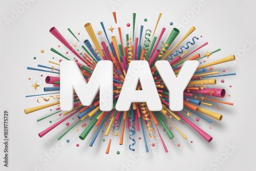 Explosion of colorful confetti and streamers with the word may