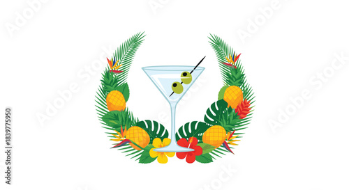 Summer cocktail concept with a martini glass framed by a beautiful wreath of tropical leaves, exotic flowers, and fresh fruits.