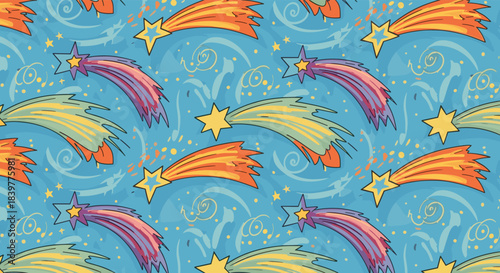 Seamless pattern of colorful cartoon shooting stars and comets flying across a whimsical, swirly blue night sky background.