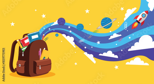 Back to school concept of imagination and learning, with a backpack unleashing a magical stream of planets, stars, and a rocket.