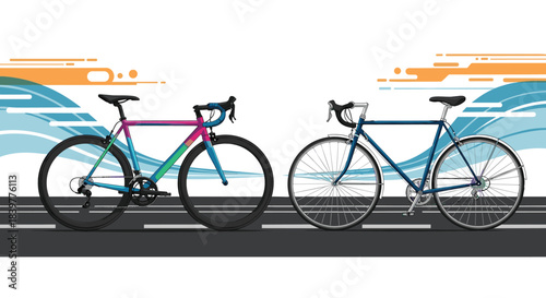Modern colorful racing bicycle and a classic vintage road bike on an asphalt road, showcasing different styles of cycling.