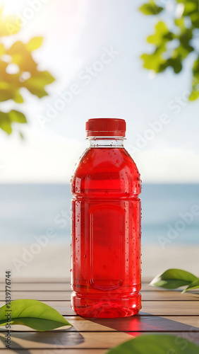 Fresh strawberry juice on a wooden table with beach view and blue sky background, refreshing tropical drink concept in bright vertical composition