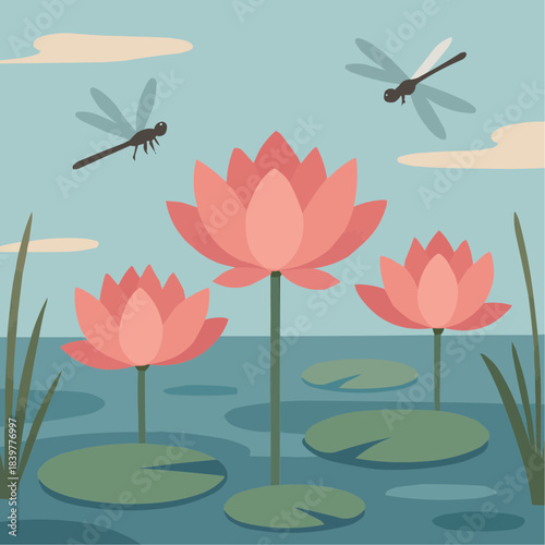 Lotus Wetland Flat Vector Illustration