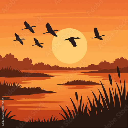 Wetland Sunset Flat Vector Landscape