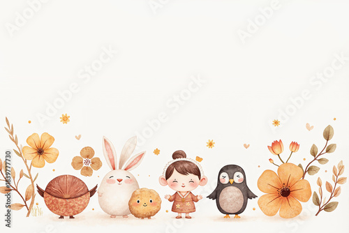 The background image is hand-painted in soft white watercolor tones with cartoon patterns.