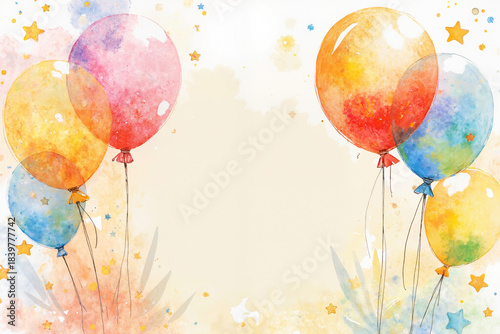 A pastel watercolor background featuring balloons and sparkling stars.