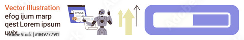 Artificial intelligence, financial automation, business technology, innovation, growth tracking, digital processes. Robot near financial invoice, progress bar upward arrows. AI tools and financial