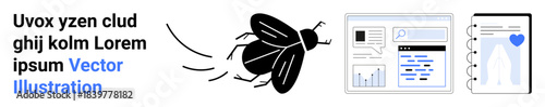 Data tracking, analytics, user interface design, software development, bug reporting, digital security. A fly next to interface windows and documents. Data tracking and analytics visualization