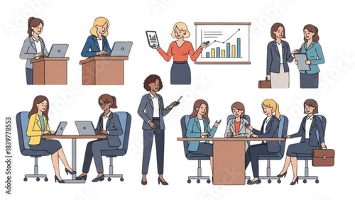 Set of 8 businesswomen illustrations for an Auto Cad project presentation.