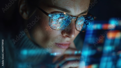 Software coding hologram and woman on tablet.