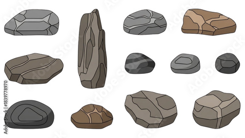 A geological design set of rocks, an Auto Cad illustration on a black background.