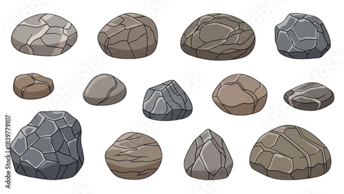 Set 18 of Illustrated Rocks for Auto Cad Design, a Collection of Stones.