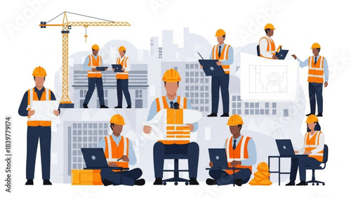 Engineers on a 21st-century site using Auto Cad for architectural plans. Illustration.