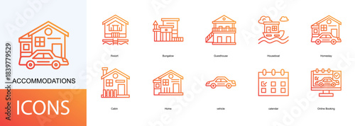 acommodations icon collection set. Containing Resort, Bungalow, Guesthouse, Houseboat, Homestay icon
