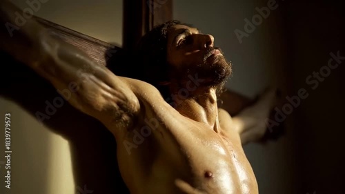 A man with a solemn expression, dramatic lighting emphasizes the muscular physique, religious context creates a sense of sacrifice and devotion