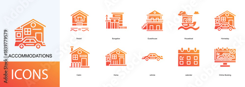 acommodations icon collection set. Containing Resort, Bungalow, Guesthouse, Houseboat, Homestay icon
