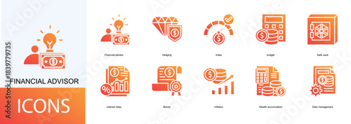 financial advisor icon collection set. Containing  Hedging, Index, budget, Safe vault, Interest rates, Bonds, Inflation icon