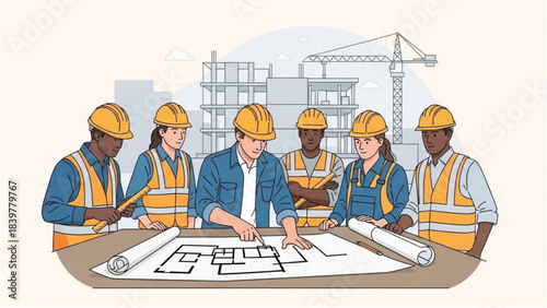 Diverse team reviews Auto Cad blueprints at a construction site, illustration.