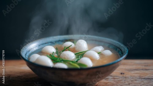 Steaming dumpling soup in rustic bowl, comforting and warm culinary delight, perfect for Lunar New Year celebrations