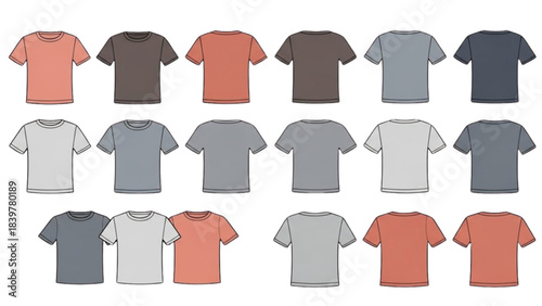 A colorful T-shirt template collection, a technical Auto Cad illustration.