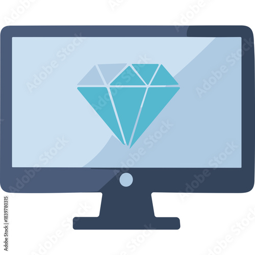 Flat Design Digital Monitor Displaying A Blue Cyan Diamond Gemstone With Light Reflections On A Pale Blue Screen And Dark Blue Computer Case