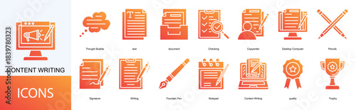 content writing icon collection set. Containing text, document, Checking, Copywriter, Desktop Computer, Pencils, Signature, Writing icon