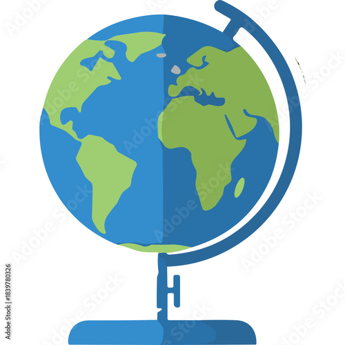 Flat Design Earth Globe Icon with Continents and Oceans on a Stand Representing Global Awareness and Education in a Simple Blue and Green Palette