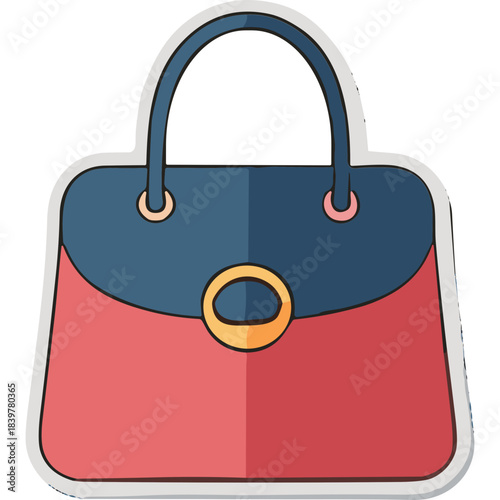Flat Design Handbag With Blue Top And Coral Pink Base Closed With A Gold Clasp And Gold Rings On Handles Isolated On White Background