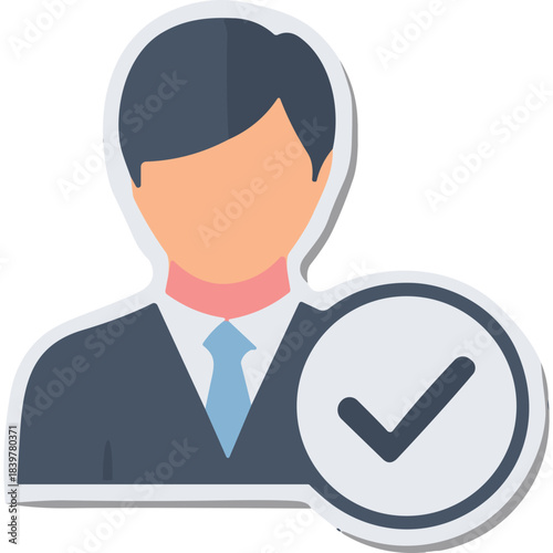 Flat Design Icon of a Man in a Suit and Tie with a Checkmark Symbol Indicating Approval or Success on a White Background