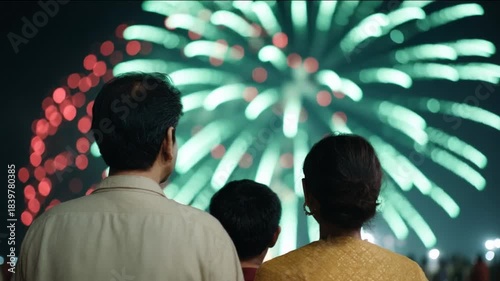 Family watching fireworks display, vibrant night sky, joyful celebration of Diwali festival, South Asian ethnicity, sparkles of color and light