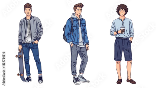 A Set of Male Character Designs, Detailed Auto Cad Style Illustrations