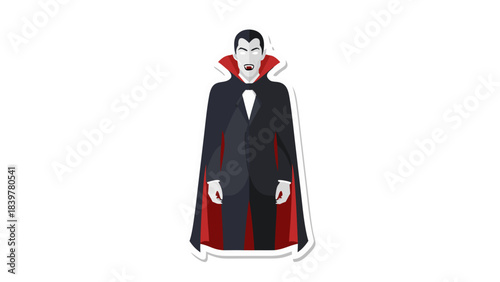 Male Vampire In Formal Black Suit And Red Lined Cape Standing On Black Background Wearing High Collar Shirt With Fangs Visible And Dark Hair Swept Back A Classic Halloween Character Illustration
