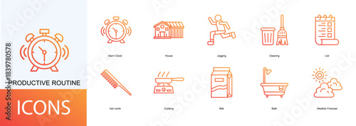 productive routine icon collection set. Containing Alarm Clock, House, Jogging, Cleaning, List icon