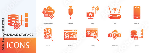 database storage icon collection set. Containing cloud management, Usb Cable, hotspot, wifi, phone cell, Analysis icon
