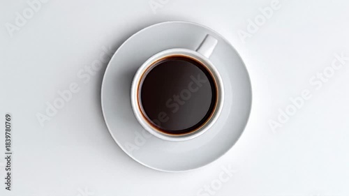 Minimalist coffee cup on white, top-down view of black coffee in a white cup, morning energy boost with simple elegance