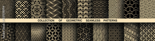 Geometric set of seamless black and golden patterns. Simple vector graphics