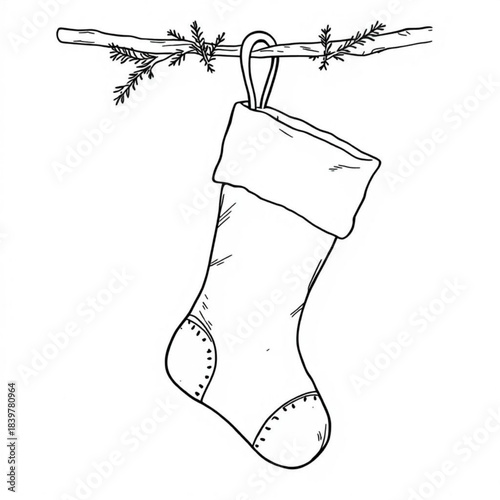 Festive Holiday Stocking: A simple, yet charming, sketch of a Christmas stocking hanging from a twig adorned with delicate evergreen needles, a timeless symbol of holiday anticipation.