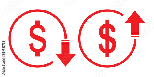 Money increase or decrease icon set. dollar decrease increase symbol. profit and lose icons with arrow , Cost rising icon. vector illustration .