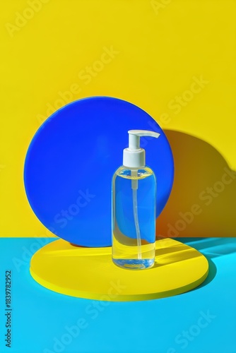Clear shampoo bottle with white pump beside cobalt blue geometric prop on yellow background for beauty packaging mockup pop art commercial use

